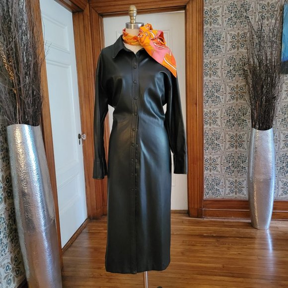 ZARA BLACK SOFT VEGAN LEATHER MIDI COAT DRESS WITH SNAP BUTTONS. (LIKE NEW) - Picture 2 of 9